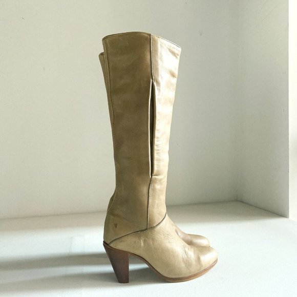 Vintage Frye Light Beige Leather Unique Knee High Boots 6.5 - Picture 1 of 15